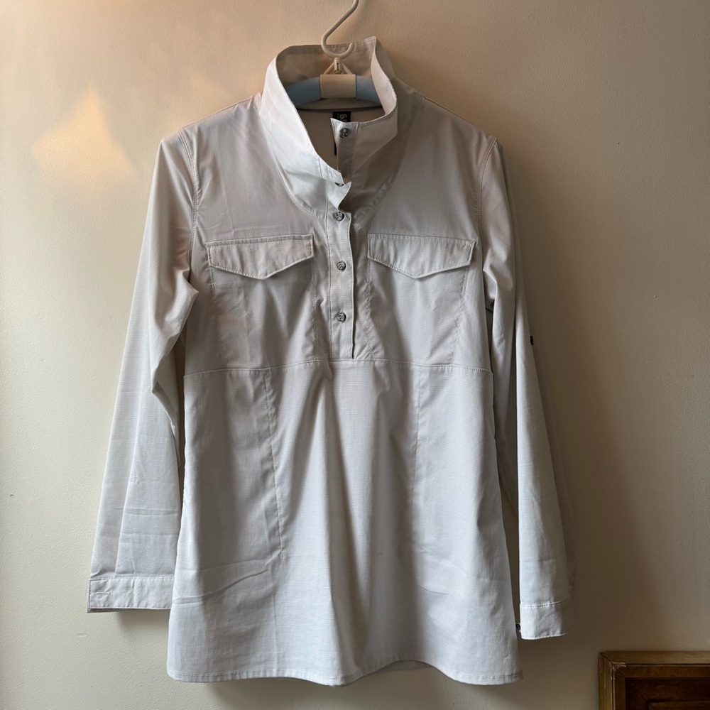 MOUNTAIN HARDWEAR stretch tunic M soft off-white light gray stripe buttonup